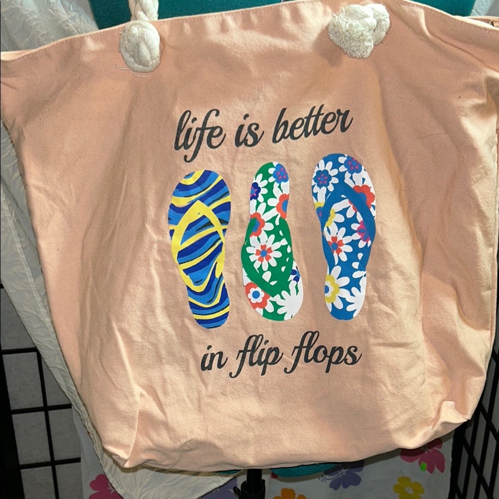 Peach Tote Bag with Flip Flop Design rope handles. Zip up.